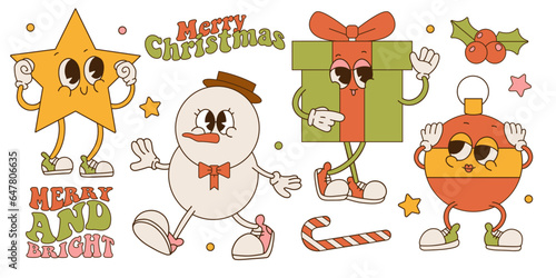 Merry Christmas 60s retro collection of cartoon characters. Snowman, gift box , star, Christmas tree toy ball mascots set. 50s -70s old animation style. Vintage vector illustration.