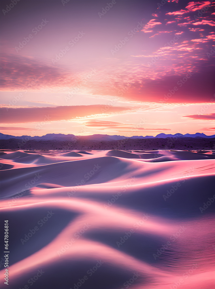 Winter desert flat with pastel sunset cinematic.