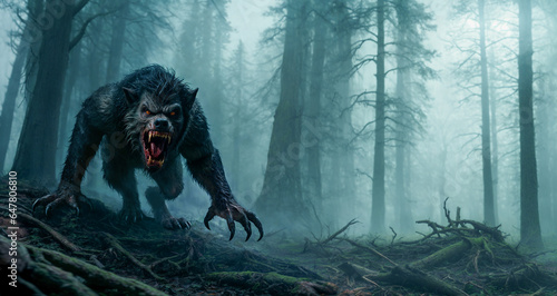 Nightmare Unleashed: The Aggressive Werewolf in the Sinister Forest.
