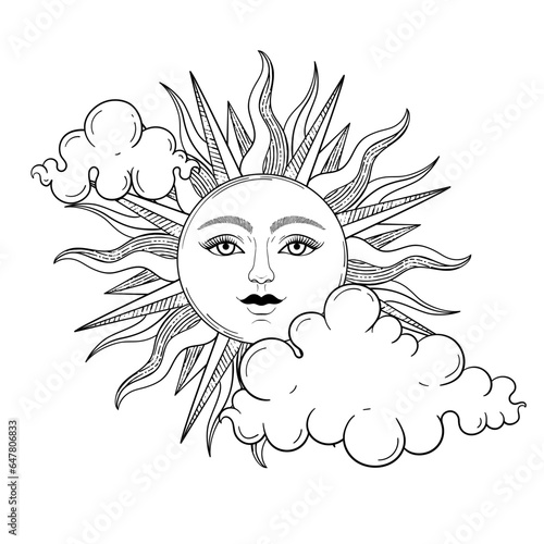Vector vintage sun with a face, engraving style, esoteric and occult magic signs isolated on white background