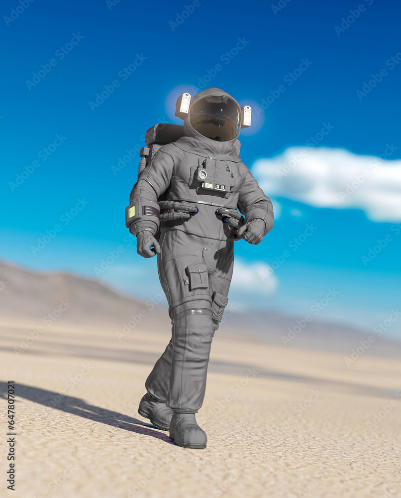 astronaut is walking alone in the desert of another planet after rain