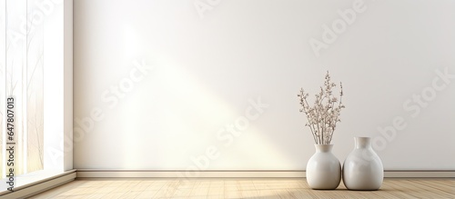 Nordic home interior white room with vases wooden floor large wall and window landscape illustration