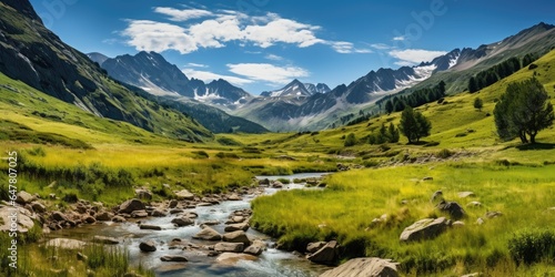 Scenery view on a beautiful mountain landscape. Generative AI © piai