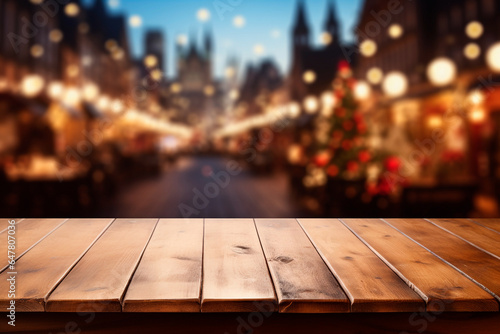 Empty wooden table in front of abstract blurred Christmas light background for product display in a coffee shop, local market or bar