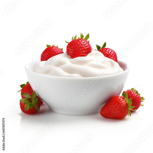 Bowl of greek yogurt and fresh strawberries isolated on white background