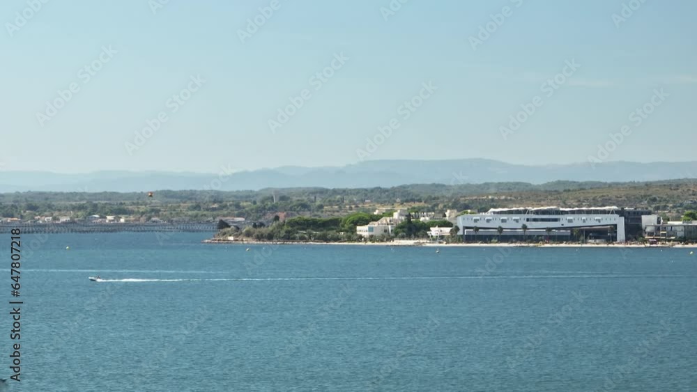 Balaruc les Bains Etang de Thau with modern thalasso facilities sunny day aerial view Balaruc les Bains Etang de Thau with modern thalasso facilities sunny day aerial view