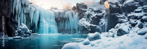 frozen waterfall with icicles hanging from the rocks  set against a backdrop of frosty grays and blues.