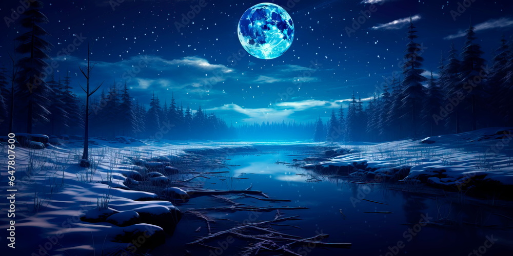 moonlit winter night with a forest bathed in shades of deep midnight blue and silver.