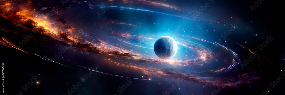 mysterious planet with a vibrant ring system, orbiting within a spiral galaxy.