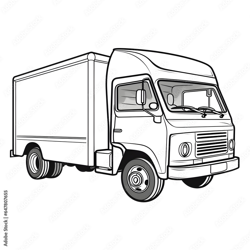 Outline drawing of delivery truck concept, truck coloring page line art, car from side and front view. Vector doodle illustration, design for coloring book or print Outline drawing of delivery truck concept, truck coloring page line art, car from side and front view. Vector doodle illustration, design for coloring book or print