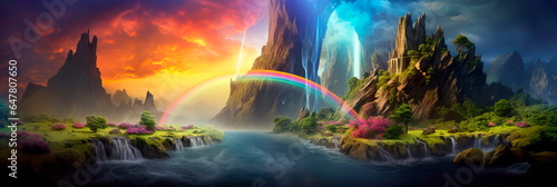 mystical waterfall pouring from a celestial mountain amidst a swirling  ethereal abstract landscape.