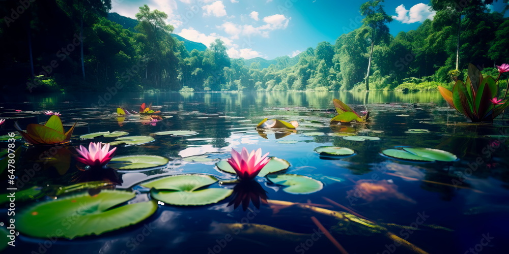 tranquil lakeside with water lilies floating on the surface, surrounded by lush foliage.