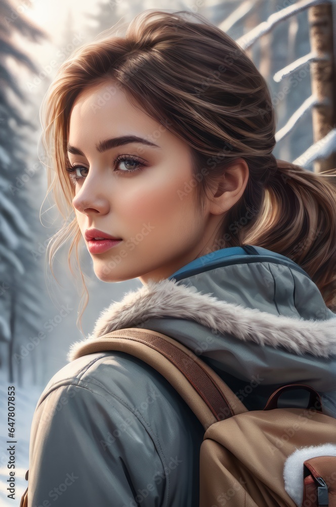 close up view of young woman with backpack walking on trail winter day. A girl in winter clothes in national park. Young female walks along snow-covered path. Healthy lifestyle in the fresh air. close up view of young woman with backpack walking on trail winter day. A girl in winter clothes in national park. Young female walks along snow-covered path. Healthy lifestyle in the fresh air.