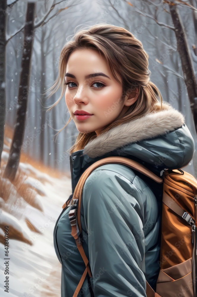 close up view of young woman with backpack walking on trail winter day. A girl in winter clothes in national park. Young female walks along snow-covered path. Healthy lifestyle in the fresh air.