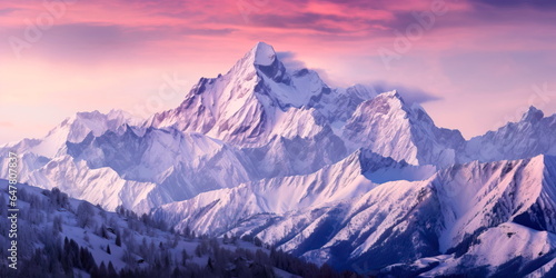 winter wonderland with a panoramic view of snow-capped mountains and a sky painted in shades of lavender and mauve.
