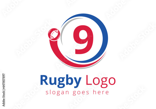 Initial 9 monogram alphabet with Rugby, Football Logo Combine With Rugby Ball Icon For American Soccer Club Symbol photo