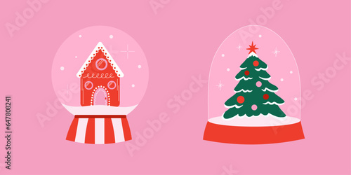 Christmas crystal snowballs flat vector illustration set, Collection of cute winter holiday pink and red glass snowglobe with xmas tree with ornaments baubles, sweet home, house, snowflakes design photo