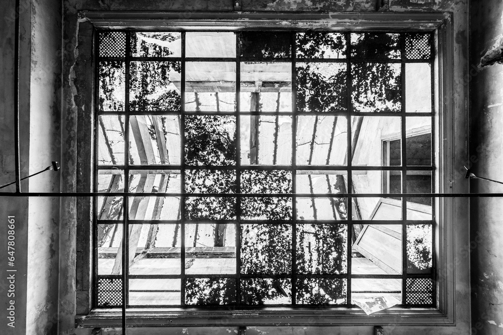 Damaged roof with look to the sky (monochrome) Damaged roof with look to the sky (monochrome)
