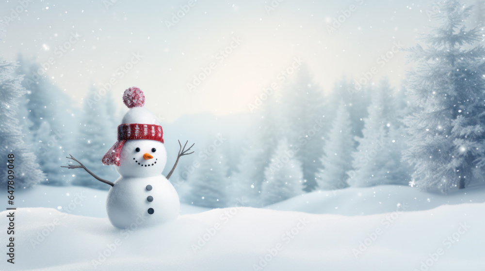 Merry christmas and happy new year greeting card with copy-space.Happy snowman standing in christmas landscape.Snow background.Winter fairytale.