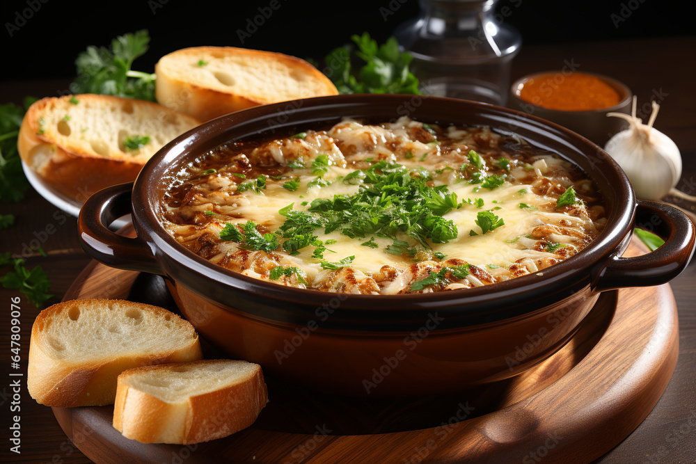 Traditional French onion soup, topped with melted Gruyère cheese and toasted bread. Traditional French onion soup, topped with melted Gruyère cheese and toasted bread.