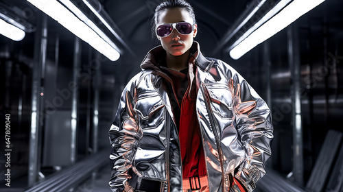 She models futuristic techwear with shiny metal accents.
