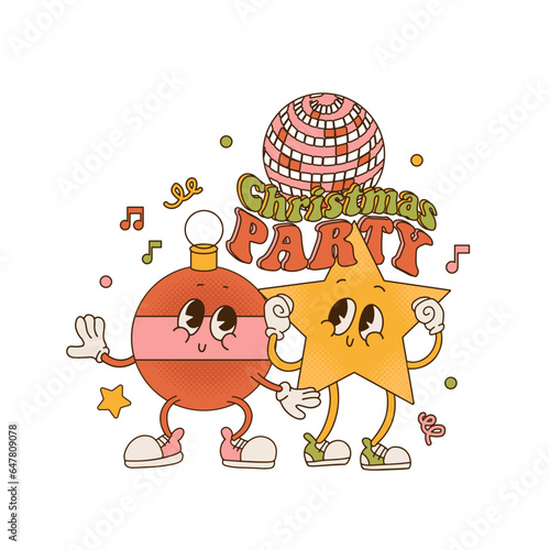 Christmas party isolated concept with retro cartoon characters and vintage text. Star and Christmas tree bauble ball friends dancing together. Vector mascot  in trendy vintage comic style.
