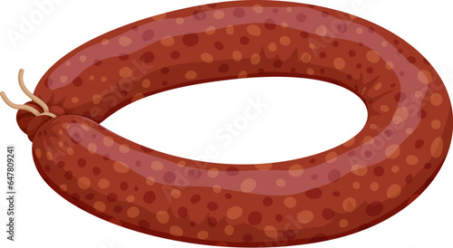 Smoked sausage rolled into a ring. Krakow sausage. Vector illustration.