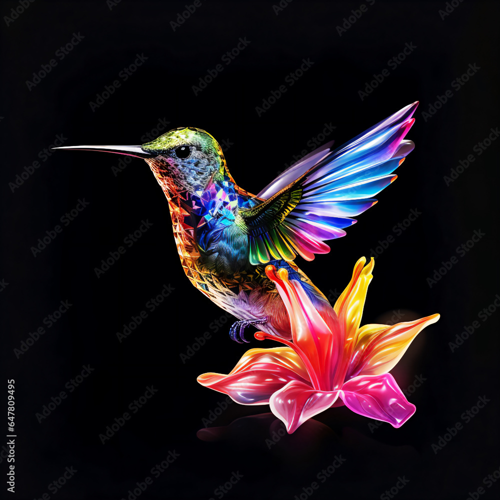 Obraz premium 虹色に輝くガラスアート風のハチドリ
