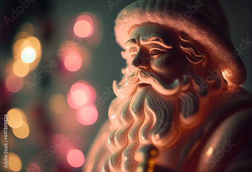 Figurine of Christmas Santa Claus close-up against the background of lights. AI Generated