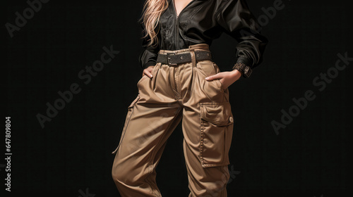 She stands confidently in Y2K-style clothing, sporting cargo pants and platform shoes.