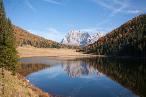 Alpine lake with dolomites in background  Calaita lake