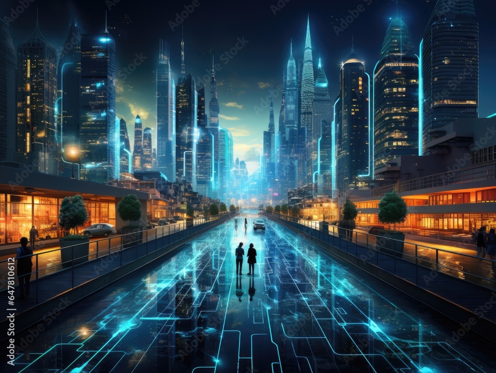 Naklejka premium Digital cityscape with glowing data streams and information flowing through the buildings Generative AI