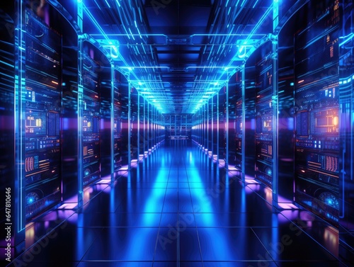 Futuristic data center with rows of glowing server racks and cooling systems Generative AI © authapol