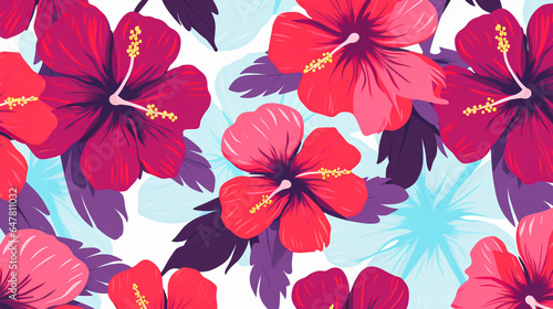 nature textured hibiscus flowers seamless patter, vivid color background, flat minimalist vector illustrations