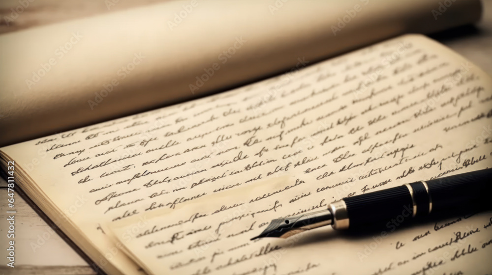 Fountain pen and old sheets of paper with handwritten inscriptions on a wooden table, in retro tones
Fountain pen and old sheets of paper with handwritten inscriptions on a wooden table, in retro tones