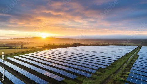 Modern solar farm at sunrise