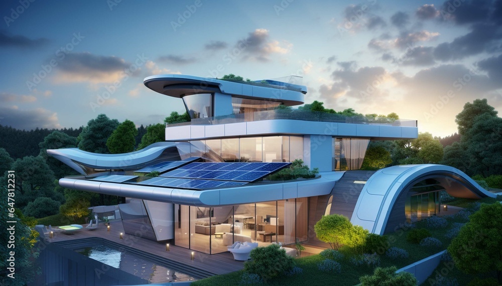 Modern, advance  home with solar panels roof top system