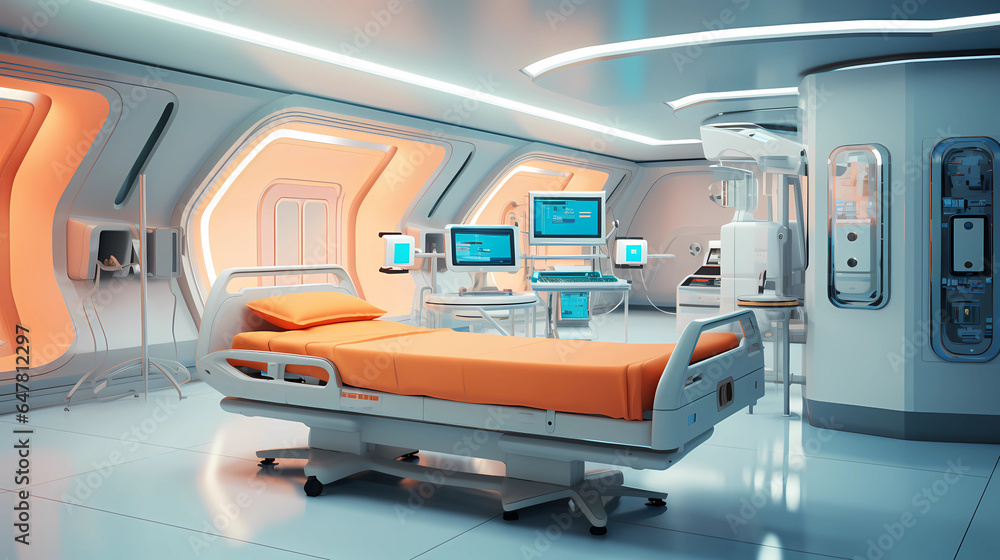 modern healthcare interiors, nurses, doctors, architectural awards, full, beds, modern high tech medical equipment, muted colors, orange, cyan accents, minimalistic, insanely detailed, spacious, sense