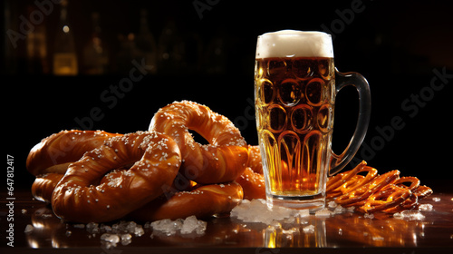 Oktoberfest beer and pretzels on a wooden table