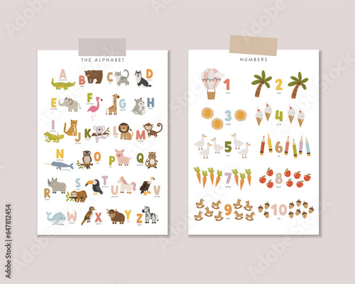 Set of 2 Educational Posters, Kids Wall Decor, Kindergarten Decor, Classroom Posters, Educational Animals Alphabet, Preschool Wall Prints, Numbers, Vector kids design