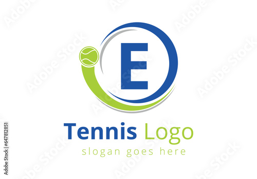 Letter E Tennis Logo Design Vector Template. Tennis Sports Logotype Design Symbol