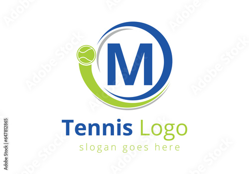 Letter M Tennis Logo Design Vector Template. Tennis Sports Logotype Design Symbol