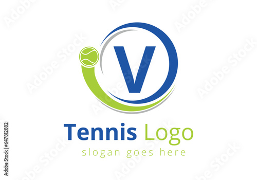 Letter V Tennis Logo Design Vector Template. Tennis Sports Logotype Design Symbol