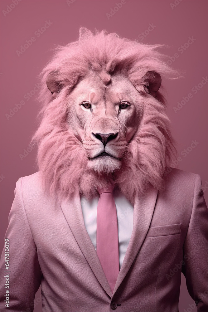 A portrait of a lion wearing a pink suit and tie. Studio shot.