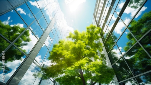 Reflection in windows of modern office building. Bottom view of modern skyscrapers with green leaves and sunlight. Business concept of successful architecture.