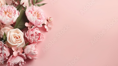 Flowers composition. Frame made of peony flowers on pastel pink background. Flat lay, top view, copy space © Anna