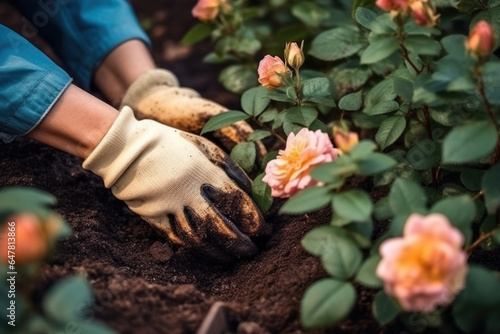Fototapeta Naklejka Na Ścianę i Meble -  Close-up of gardener's hands planting rose flowers in the garden