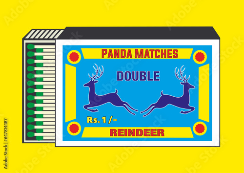reindeer, barren ground caribou, Greenland caribou, cervid, caribou, in Matchbox, matches vector illustration. Vintage or antique packaging design. retro style packaging. Indian art old style design