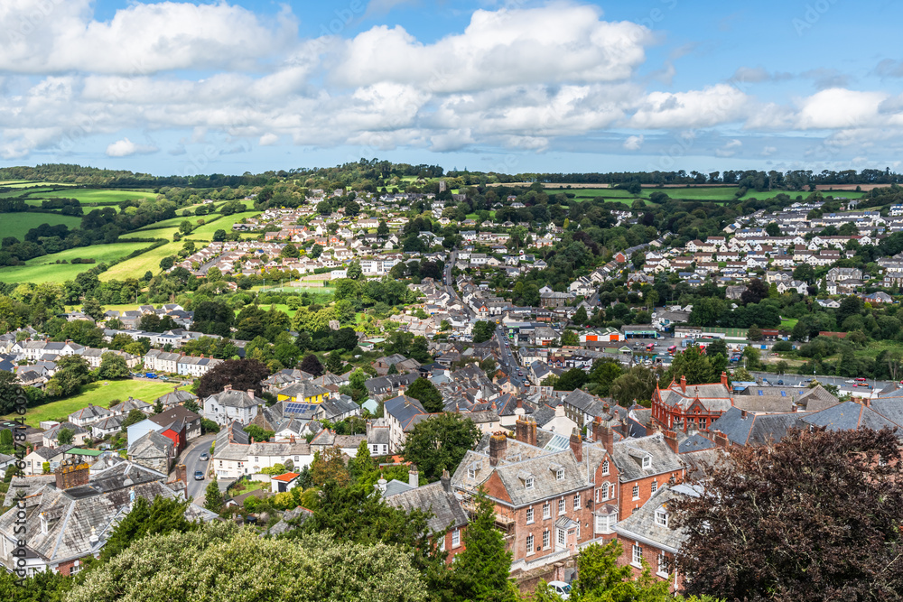 An aerial view of the town and countryside around Launceston, Cornwall, UK