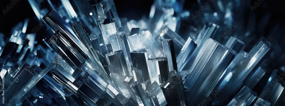 close-up of beautifully 3D rendered gallium crystals, abstract blue background with reflection, polygon formation, luxurious mineral wallpaper, AI - obrazy, fototapety, plakaty 